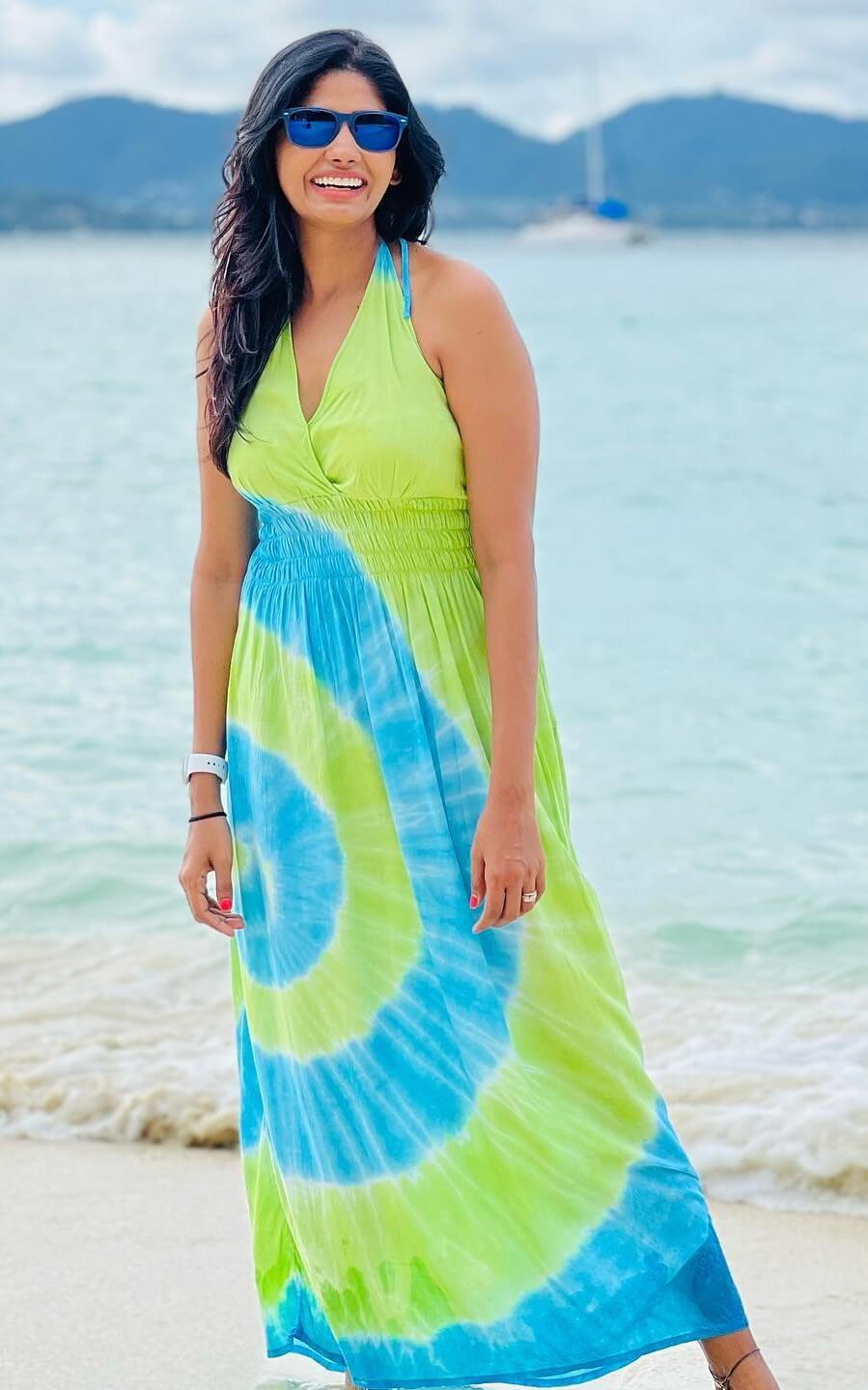 Kollywood Actress Niranjani Ahathian In Vibrant Halter Neck Tie Dye Green & Blue Maxi Dress Perfect Look For Beachy Vaccation