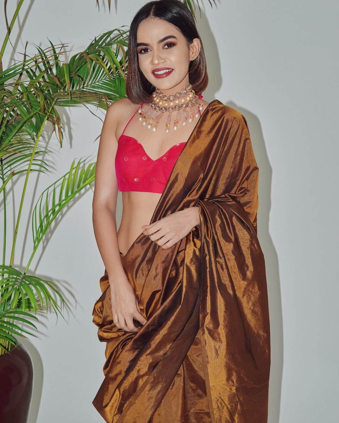 Komal Pandey Strikes A Pose In Brown Metallic Saree With Red Sweetheart Neckline Blouse & Kundan Neckpiece Perfect Bridesmaid Look