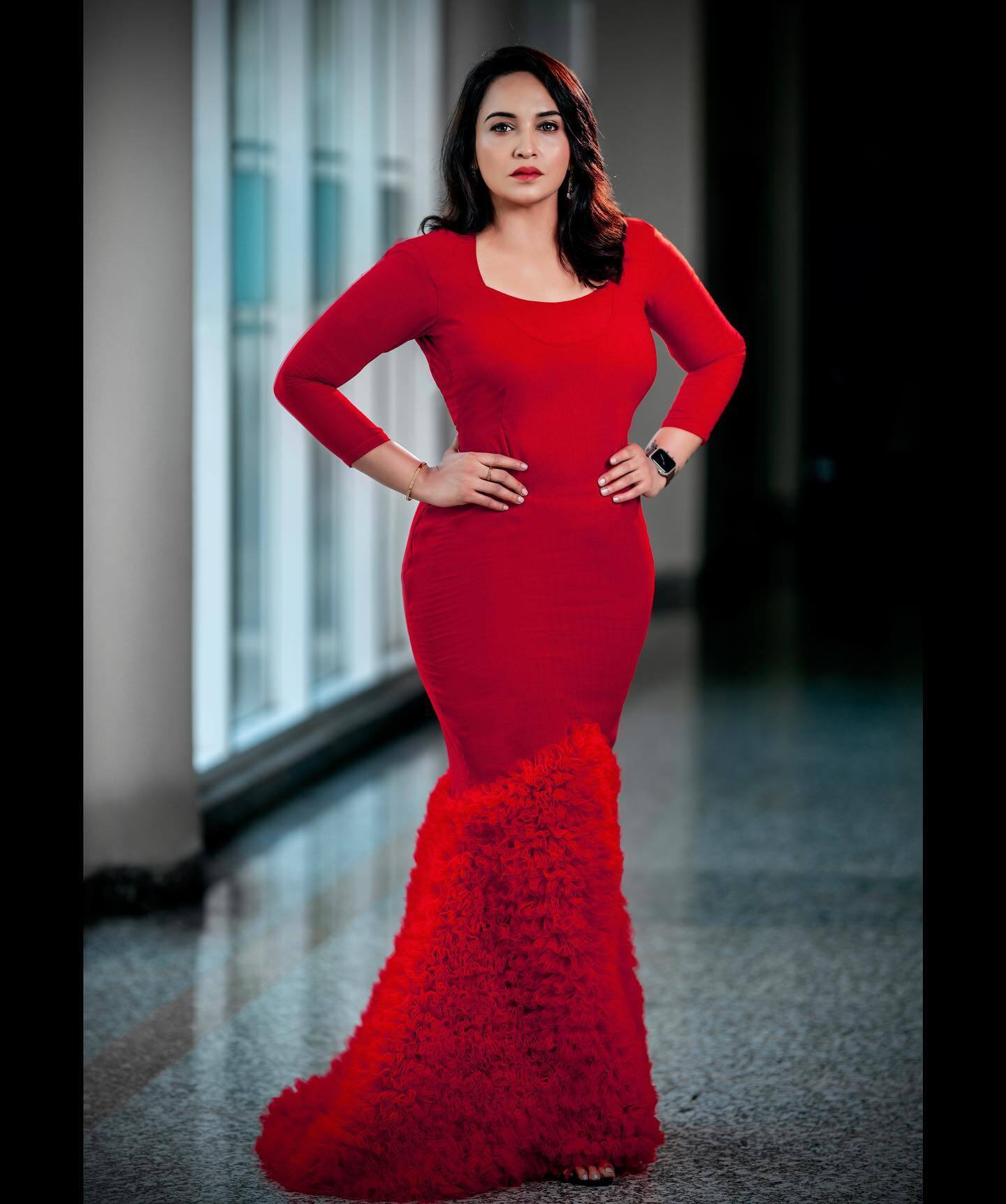 Lenaa Kumar Look Sexy & Beautiful In Red Hot Mermaid Ruffed Dress With Full Sleeves