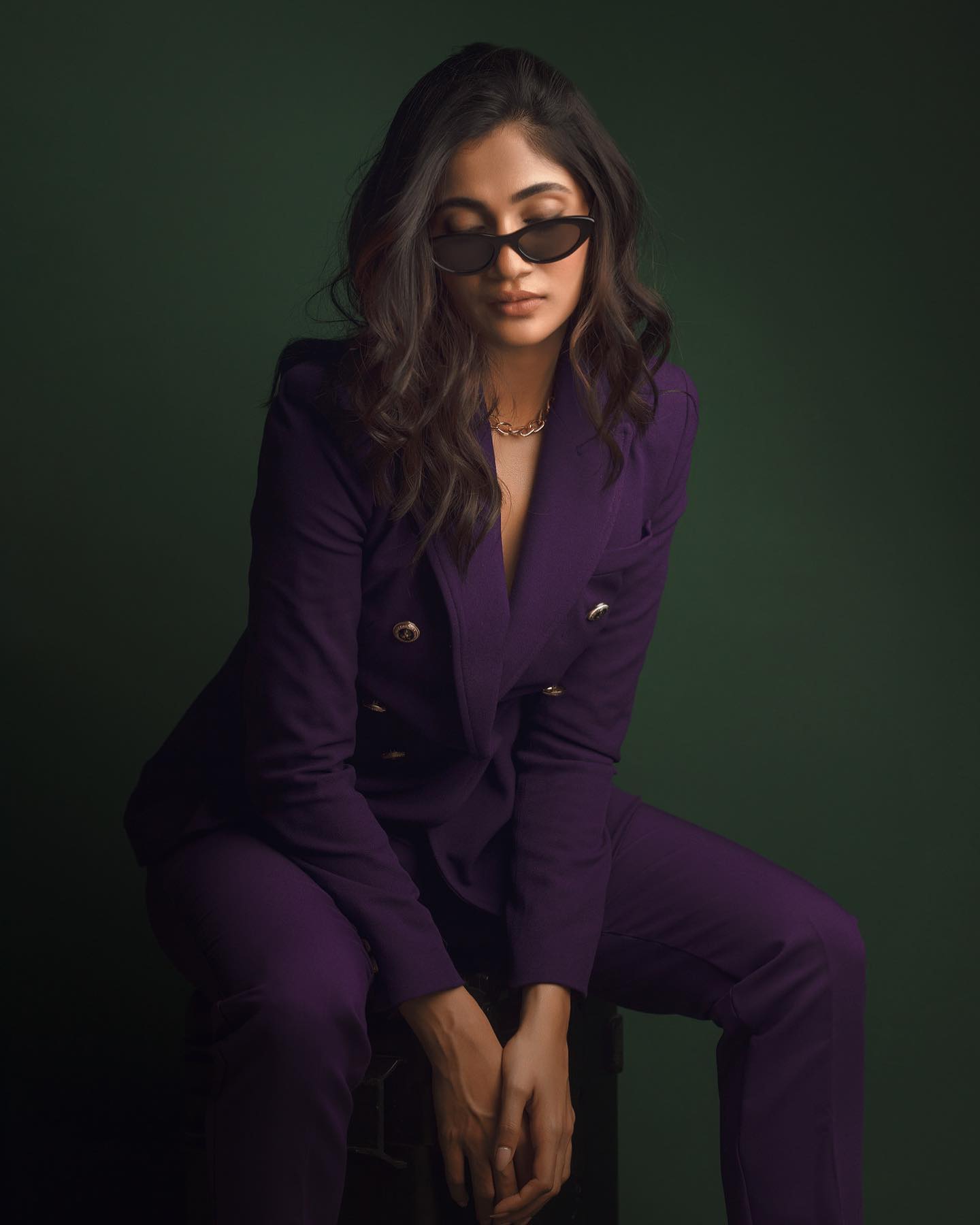 Losliya Mariyanesan Stuns In Purple Blazer Plants With Black  Sunglasses