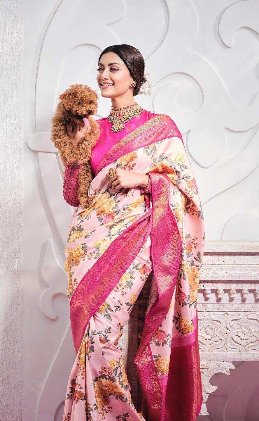 Mamta Mohandas Look Beautiful In Pink & Off White Floral Print Saree With Full Sleeves Embroidered Blouse