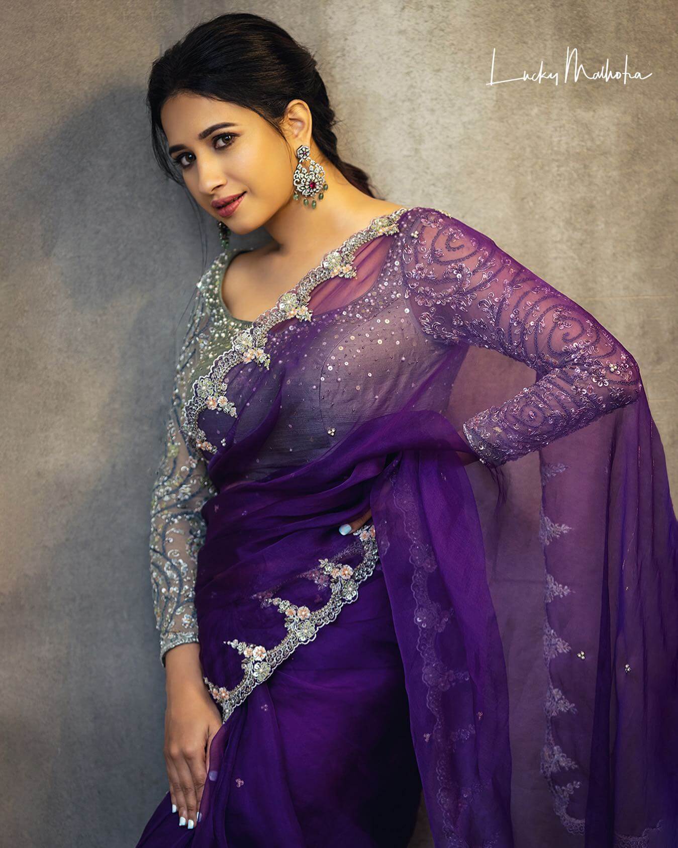 Manvitha Kamath Elegant Look In Purple Gerogette Stone Embedded Saree Paired With Full Sleeves Blouse