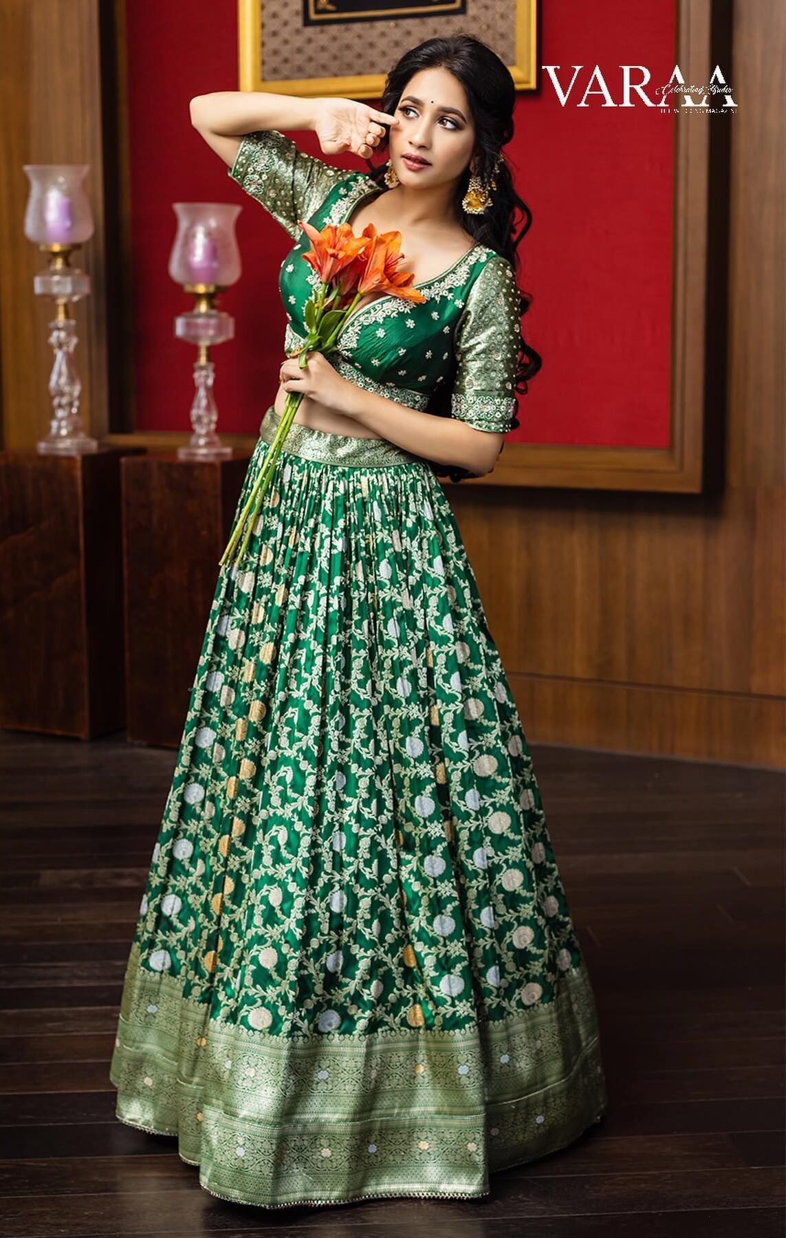 Manvitha Kamath In Green Zari Work Lehenga Outfit