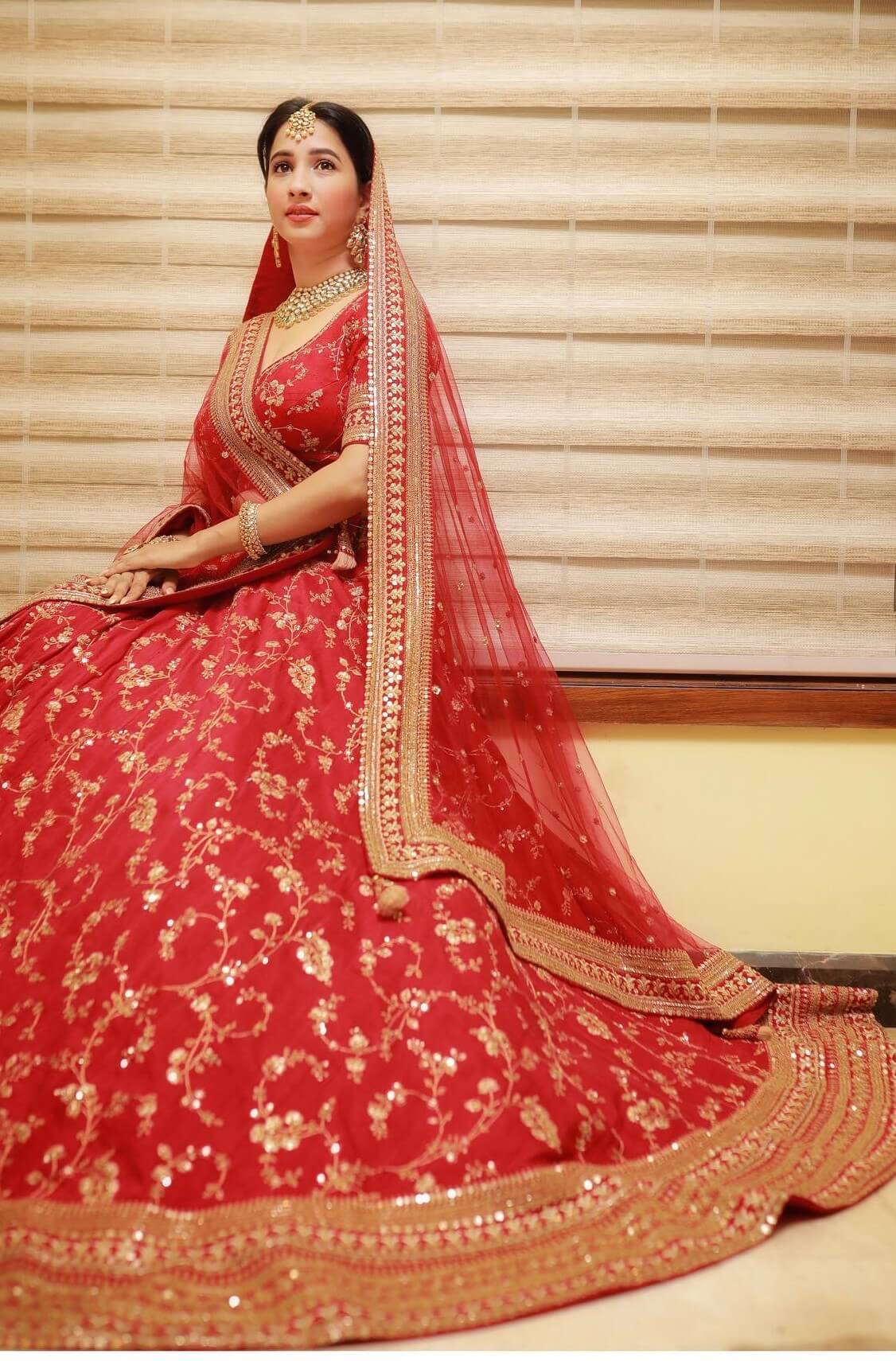 Manvitha Kamath Look Exquisite In Red Golden Embroidery Bridal Lehenga