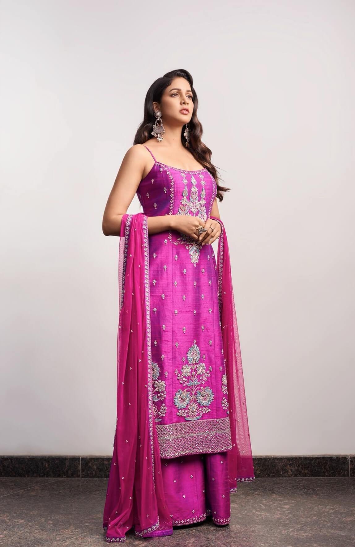 Miss Uttarakhand 2006 Lavanya Tripathi In Hot Pink Embroidered Noddle Strap Kurta Set Perfect Wedding Look