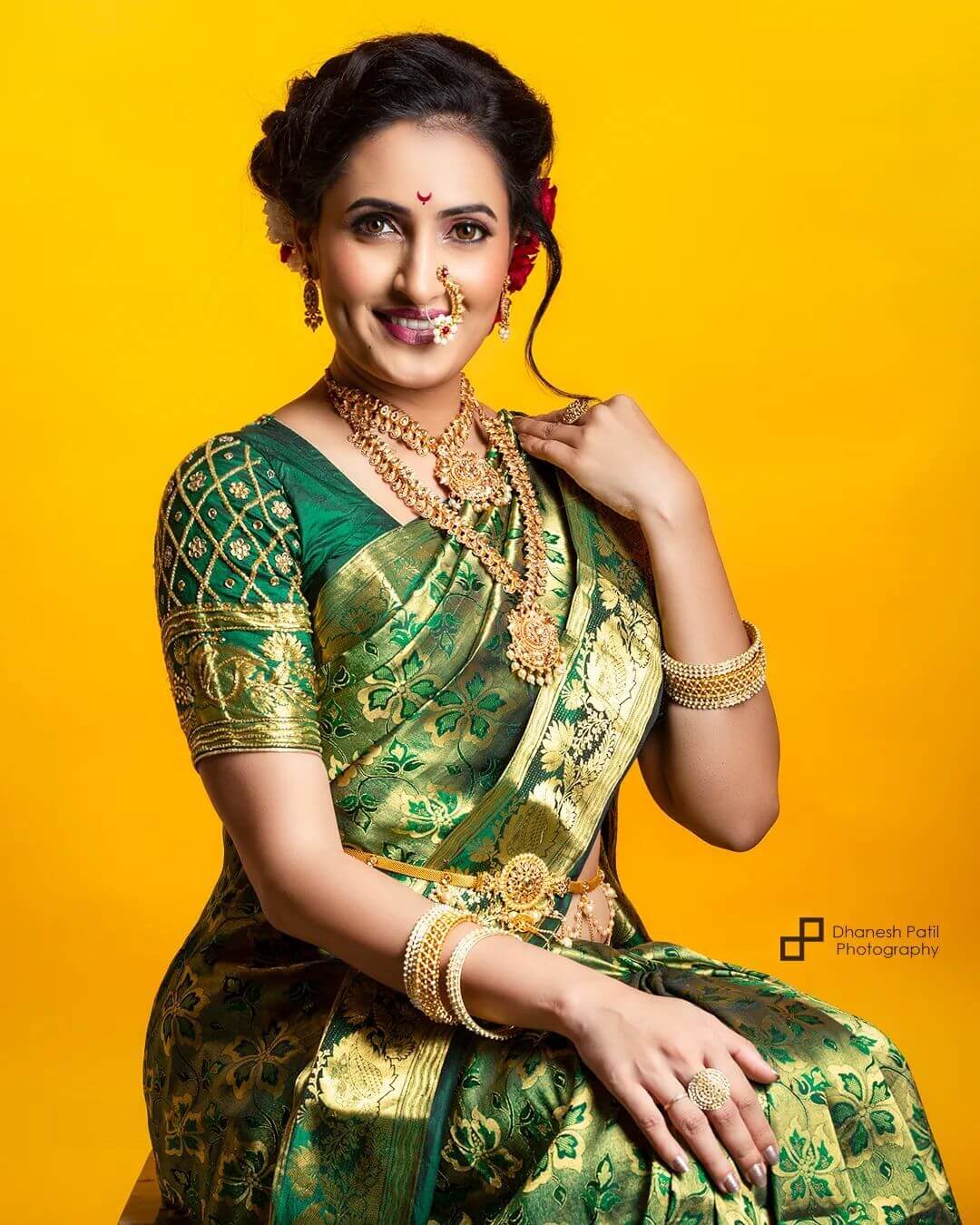 Mumbai Mulgie Namrata Gaikwad In Traditional Green Banarasi Saree Look With Gold Jewellery & Traditional Maharashtrian Nath