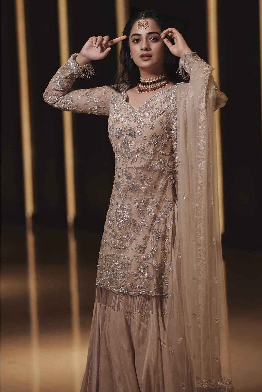 Namitha Pramod In Beige Stone Embroidery Full Sleeves Sharara Set Paired With Beautiful Maroon Choker Set