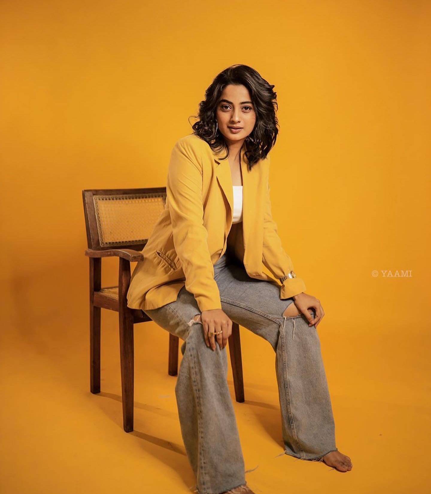 Namitha Pramod Vibrant Look In Yellow Blazer With Grey Damaged Jeans