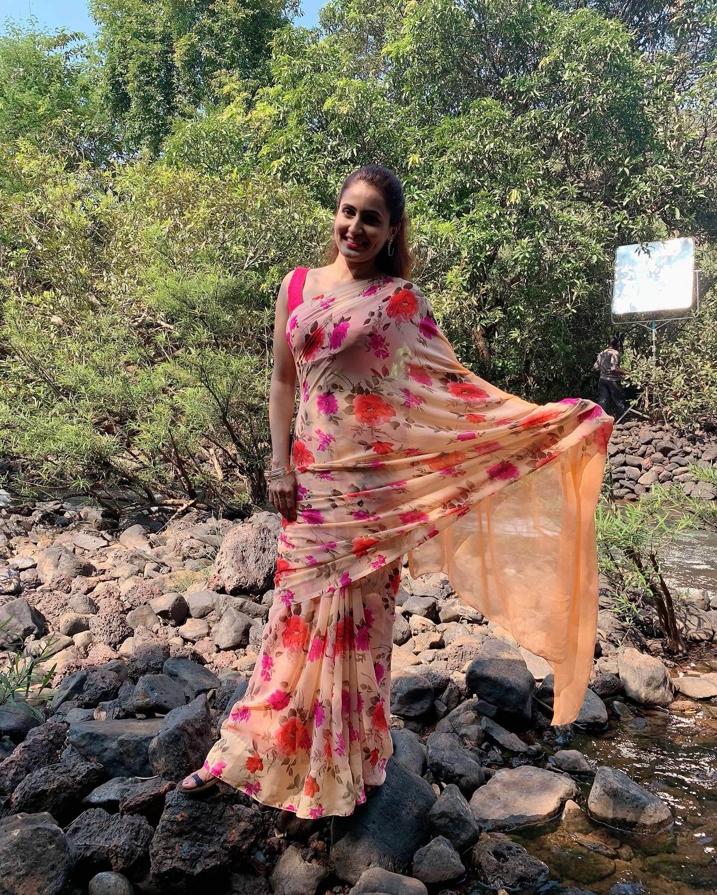 Namrata Gaikwad Look Pretty In Floral Print Peach Saree Paired With Pink Sleeveless Blouse