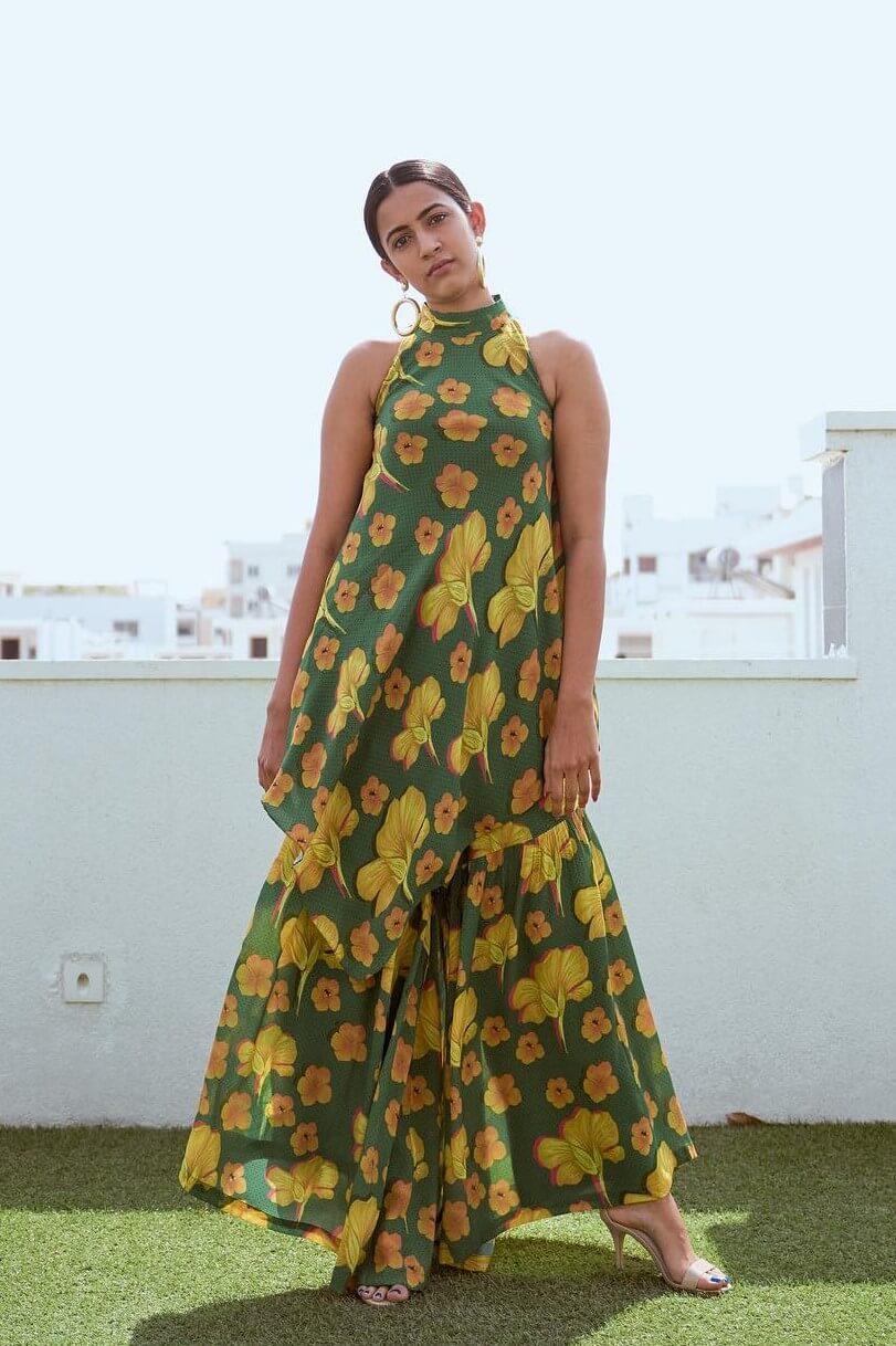 Niharika Konidela Sleek & Chic Look In Green & Yellow Floral Print Kurta Palazzo