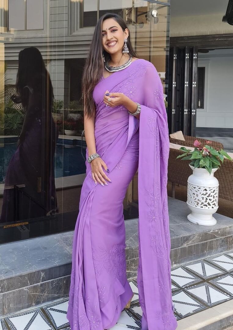 Niharika Konidela Stunning Look In Purple Chikanakari Thread Work Saree