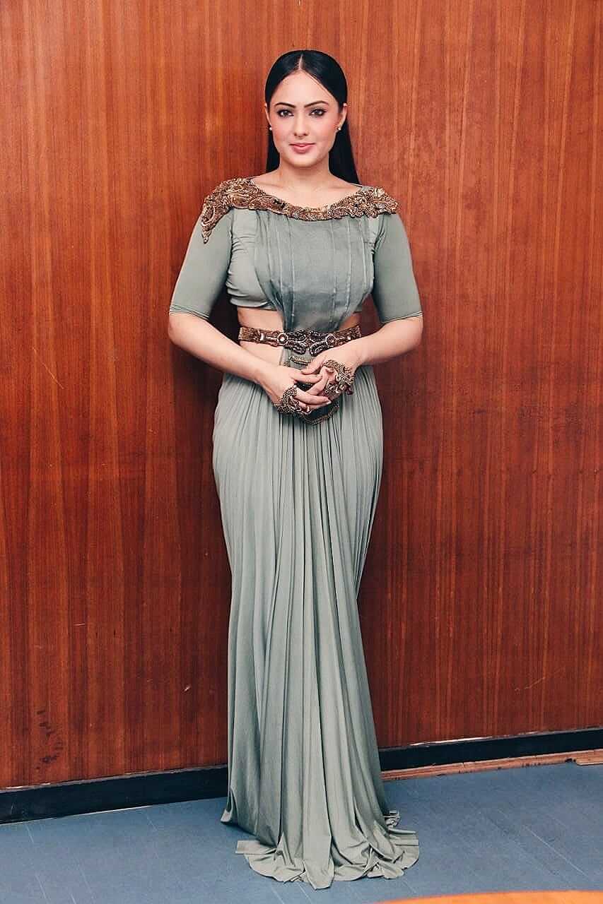 Nikesha Patel In Grey Pleated Long Dress Looks Chic Yet Sexy With Sleek Hair