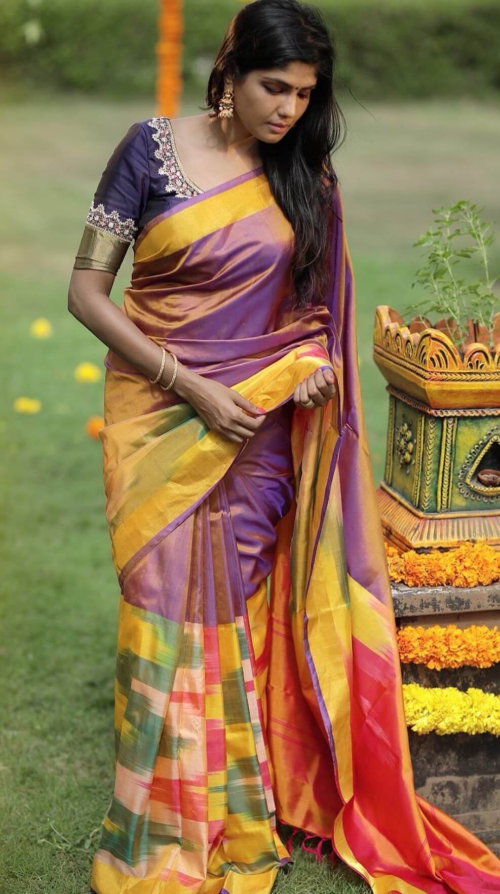 Niranjani Ahathian Dazzling Look Purple & Yellow Shaded Silk Saree Paired With Embroidered Purple Blouse