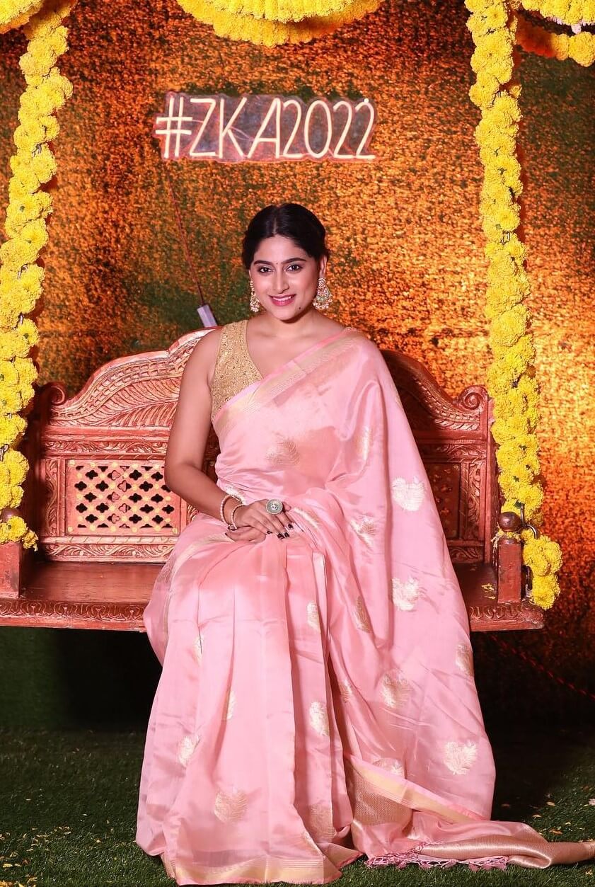Nishvika Naidu In Light Pink Silk Saree With Sleeveless Golden Blouse