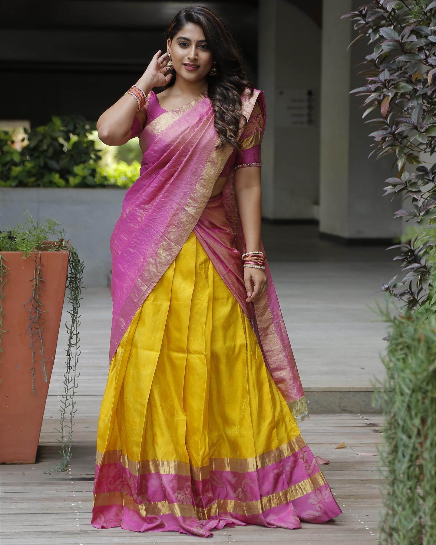 Nishvika Naidu In Traditional South Indian Silk Yellow & Pink Lehenga Best For Festive Occasions