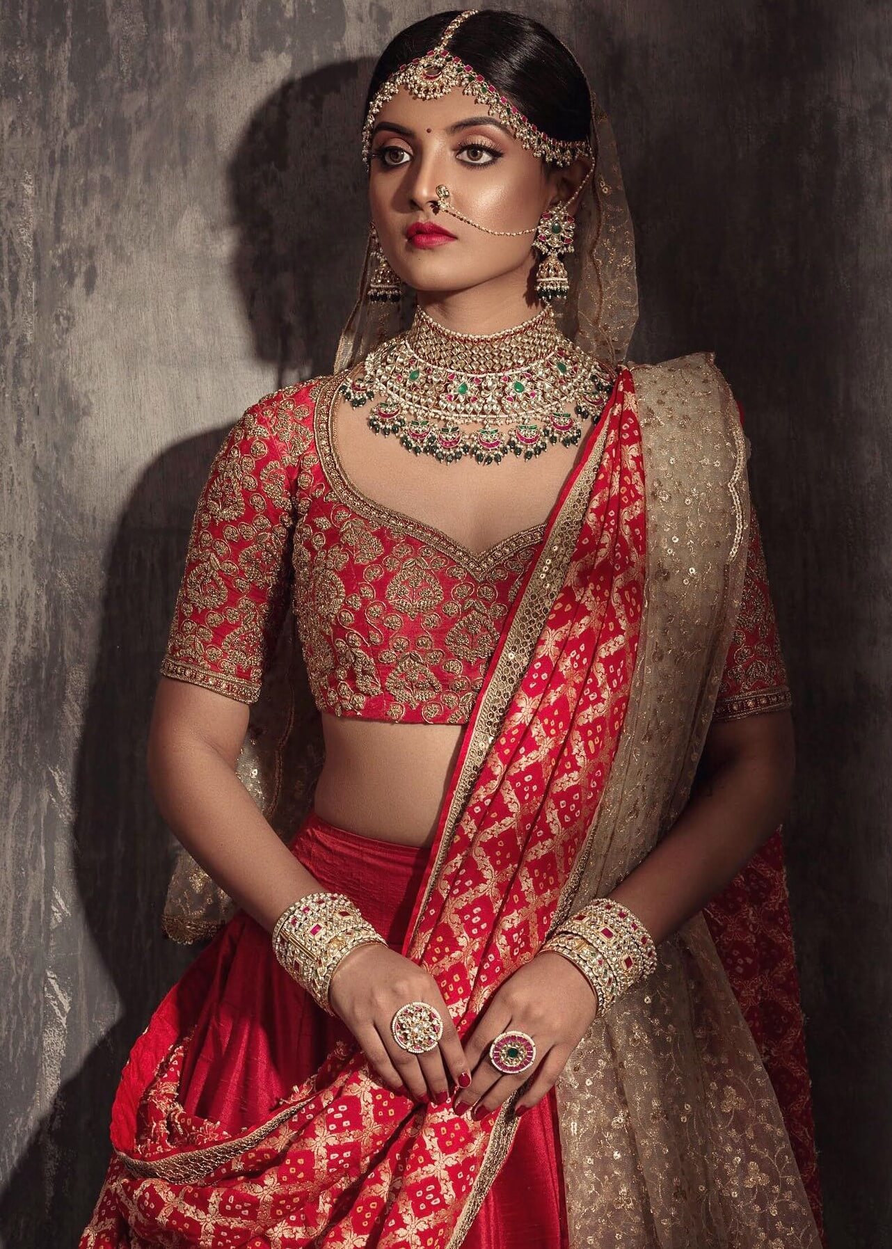 Nivedhithaa Sathish Looks Breathtakingly Gorgeous In Traditional Red Bridal Lehenga Set With Beautiful Bridal Jewellery Set