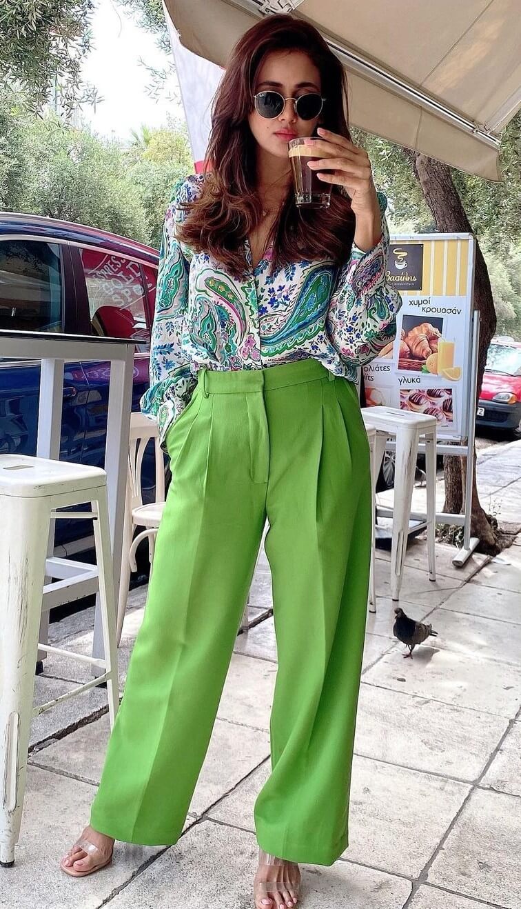 Parul Yadav In Easy & Cool Office Going Look In Printed Shirt With Green Pants