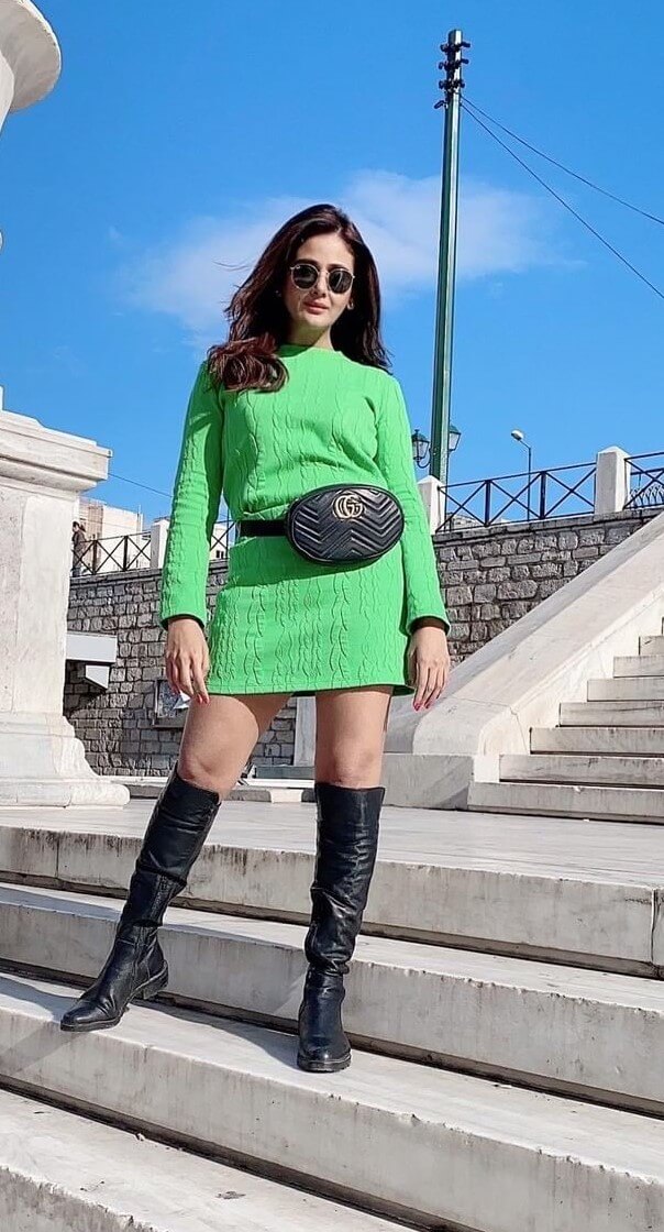 Parul Yadav In Green Winter Dress With High Knee Boots & Black Waist Pouch