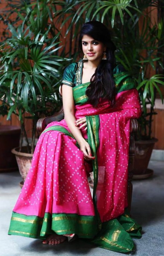 Pooja Devariya Donning In Beautiful Pink & Green Bandhani Print Saree Paired With Green Blouse