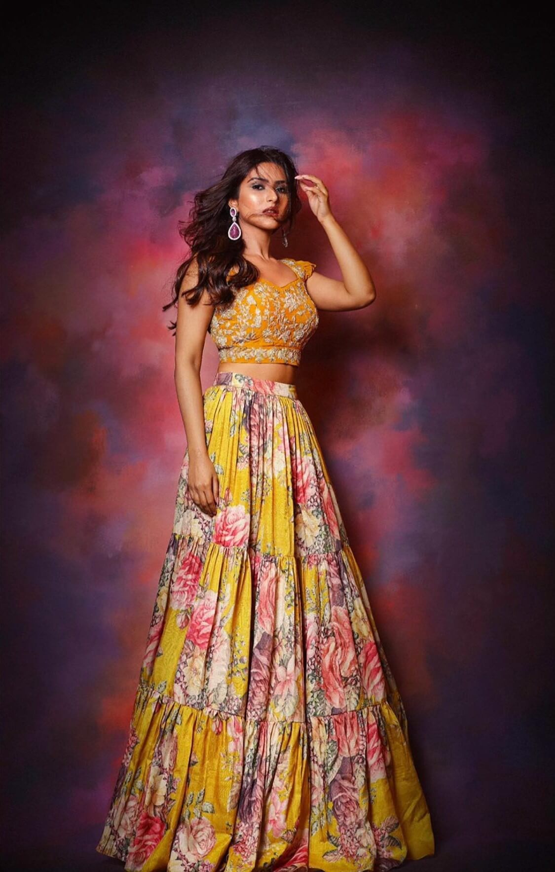 Pranutan Bahl In Yellow Floral Print Skirt & Crop Top Perfect Haldi Outfit