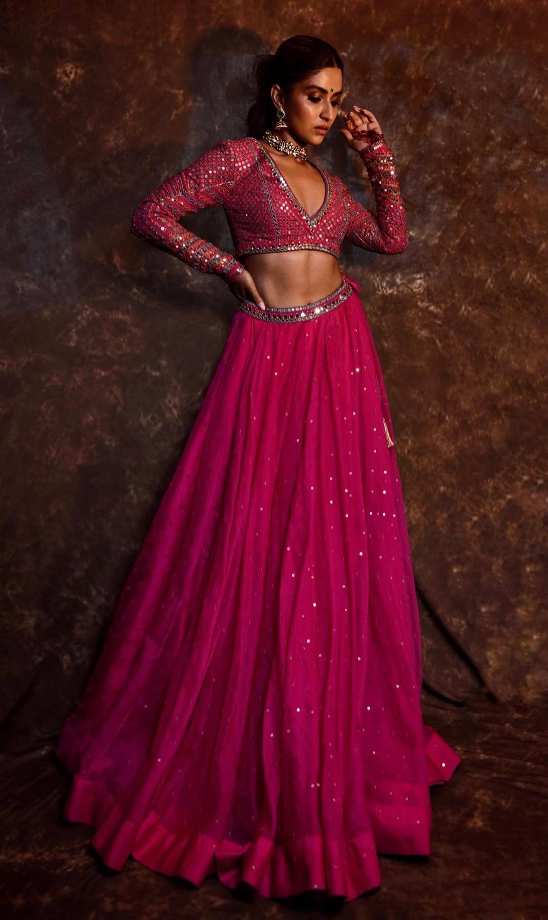 Pranutan Bahl Stunning Look In Hot Pink Mirror Work Lehenga Set