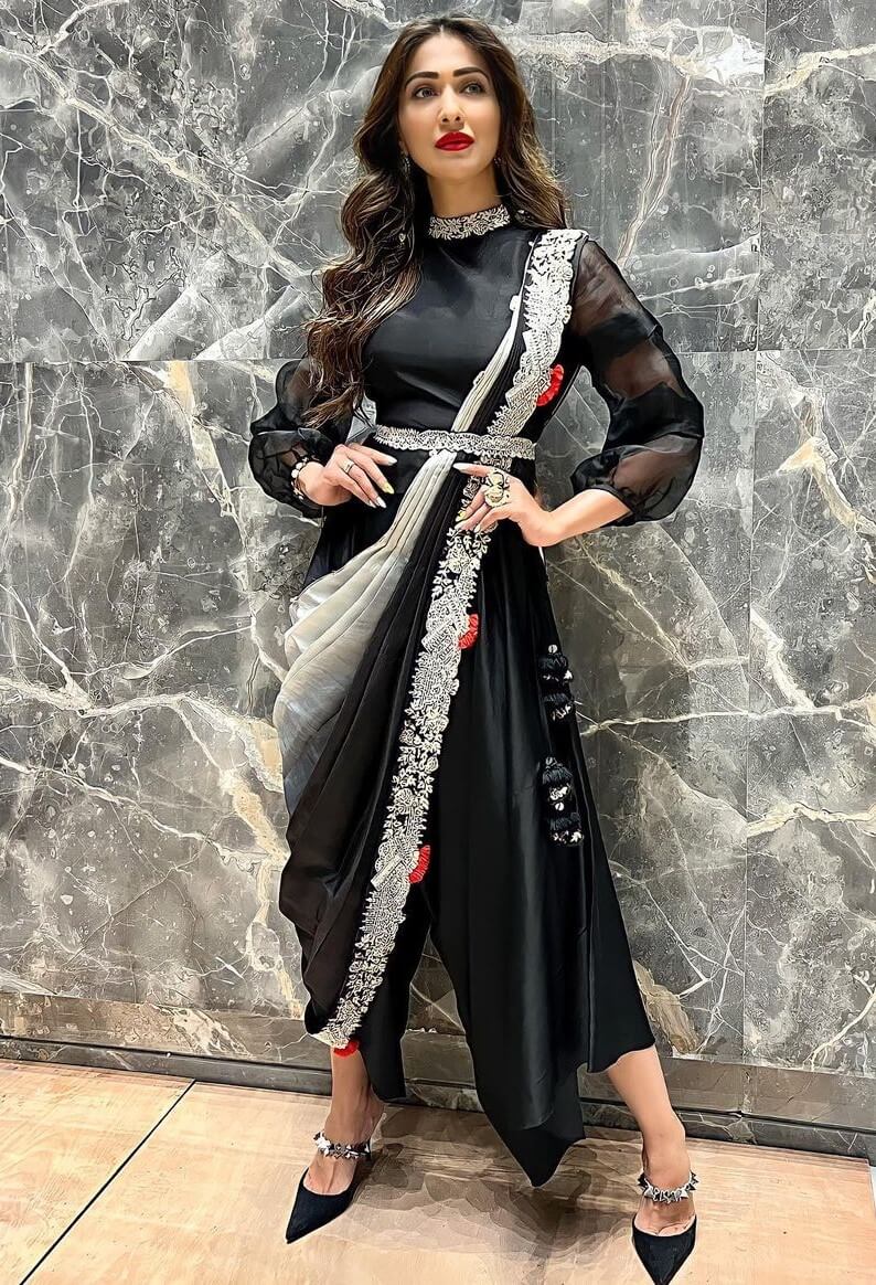 Raai Laxmi In Black Drapped  Saree Indo Western Look