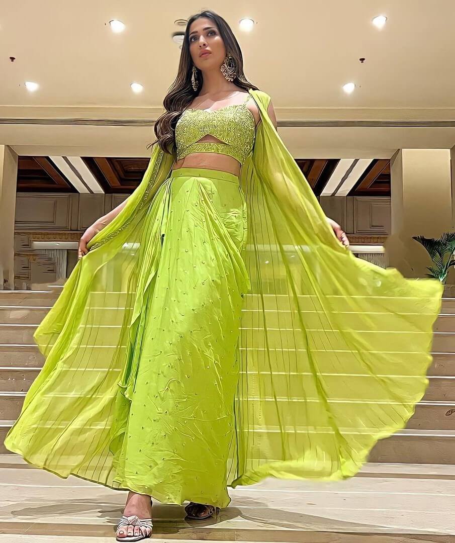 Raai Laxmi Look Amazing In Lime Green Draped Skirt Indo -Western Co-Ord Dress