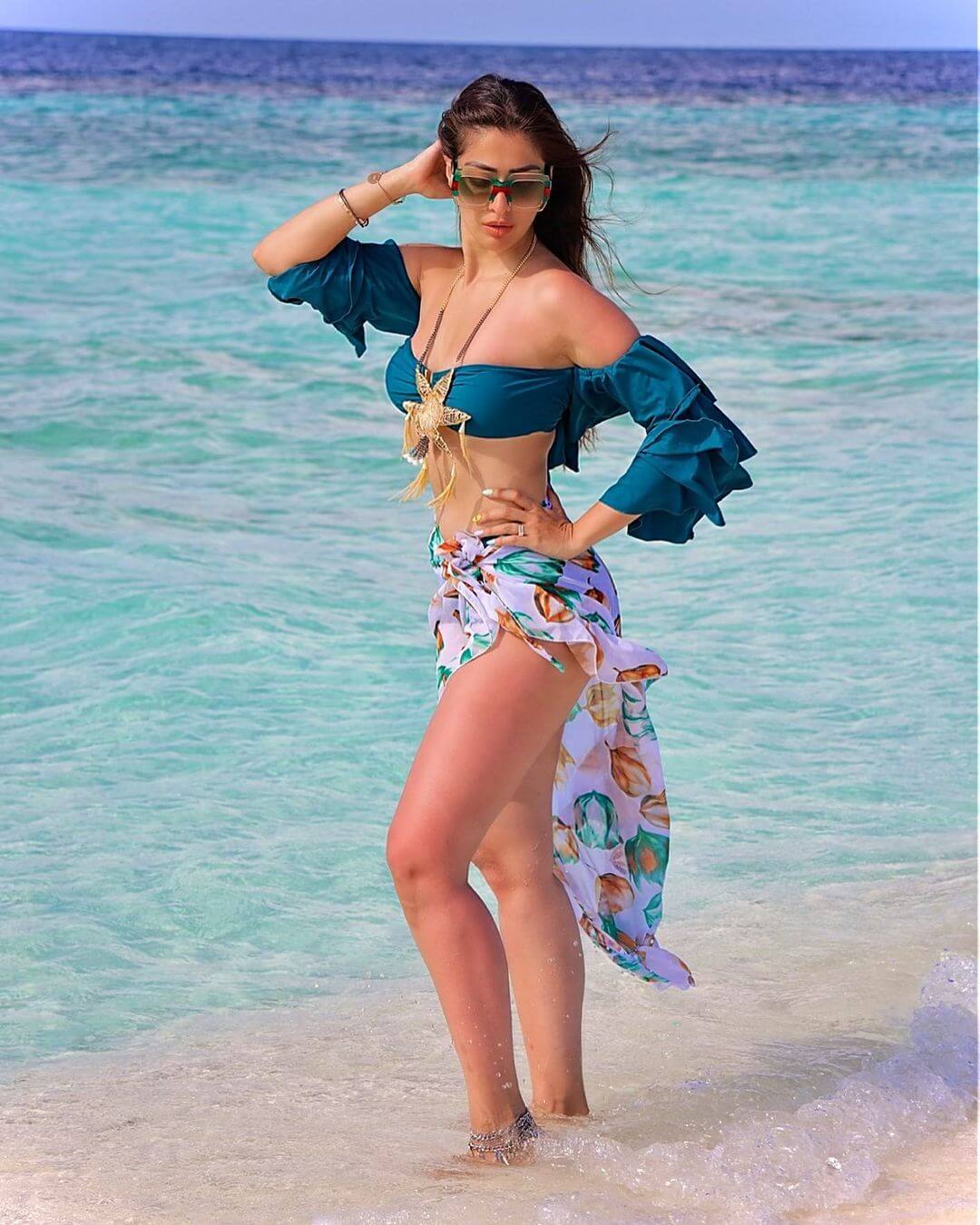 Raai Laxmi Sexy Beach Look In Blue Off Shoulder Crop Top With White Printed Skirtini