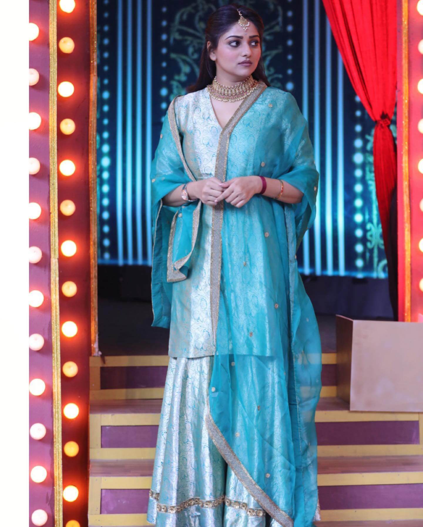 Rachita Ram In Light Blue Banarasi Suit With Net Sky Blue Dupatta 