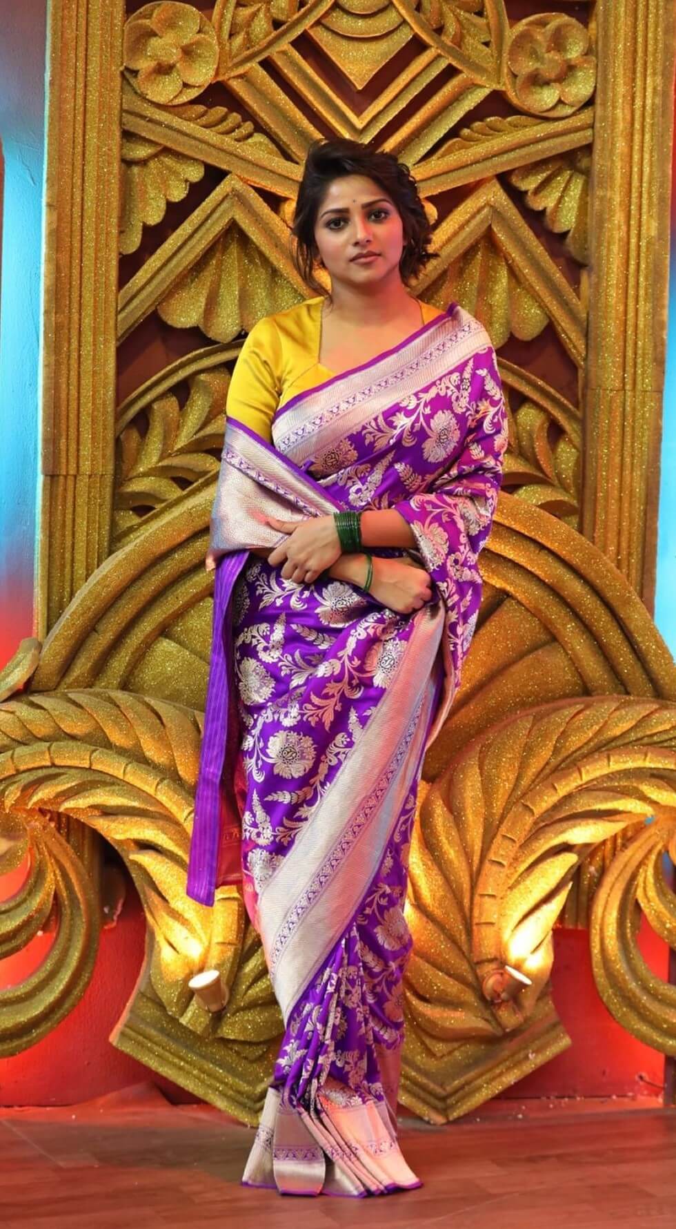 Rachita Ram Look Amazing In Purple Banarasi Saree Paired With Yellow Blouse 