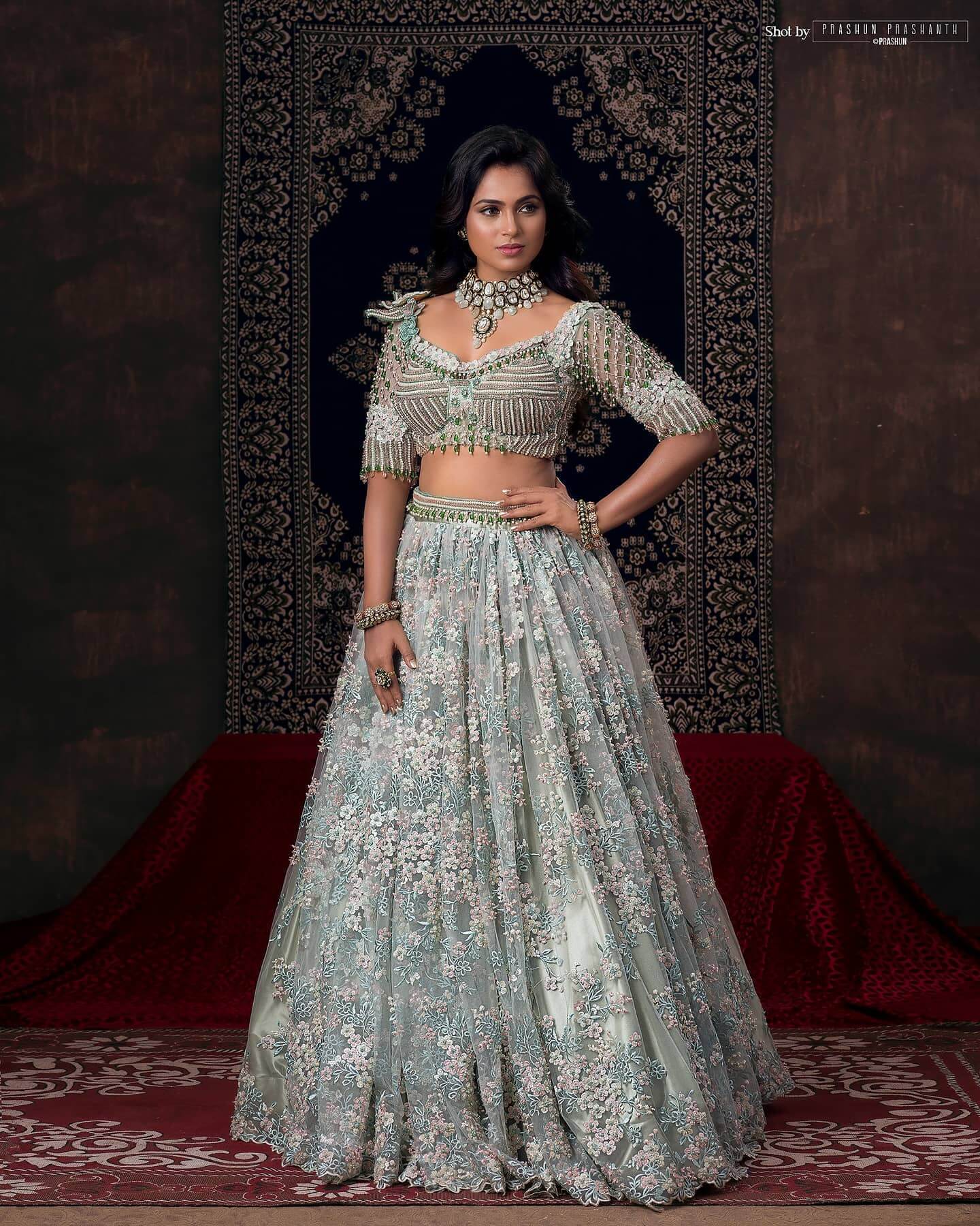 Ramya Pandian Dazzling Look In Ivory Embroidered Lehenga With Designer Blouse
