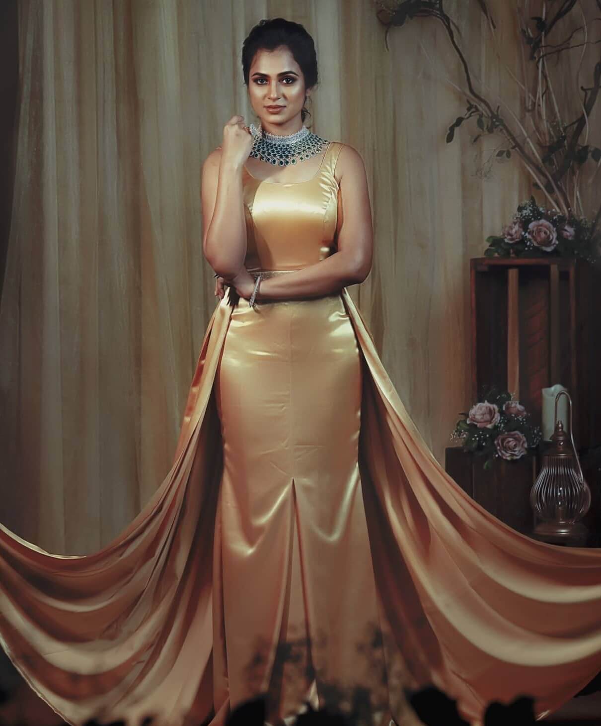 Ramya Pandian  Exquisite Look In Beige Satin Long Evening Dress Paired With Diamond Jewellery