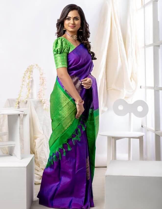 Ramya Pandian In Violet & Green Silk Saree Paired With Green Puffed Half Sleeves Blouse