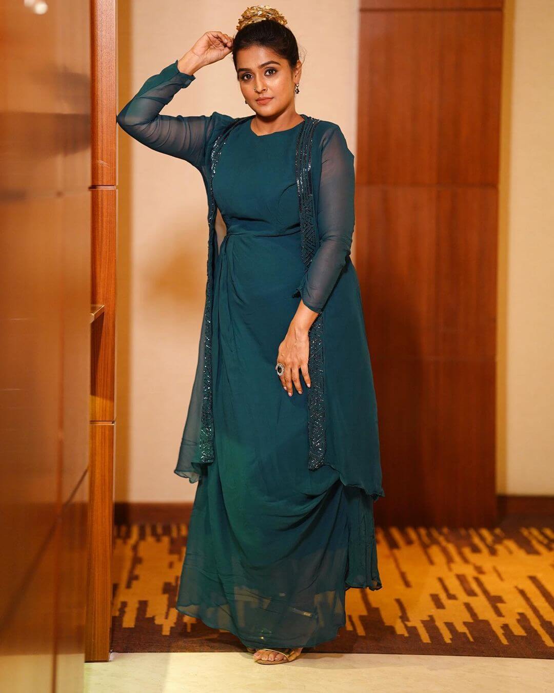 Remya Nambeesan Dazzling Look  In Teal Blue Dress