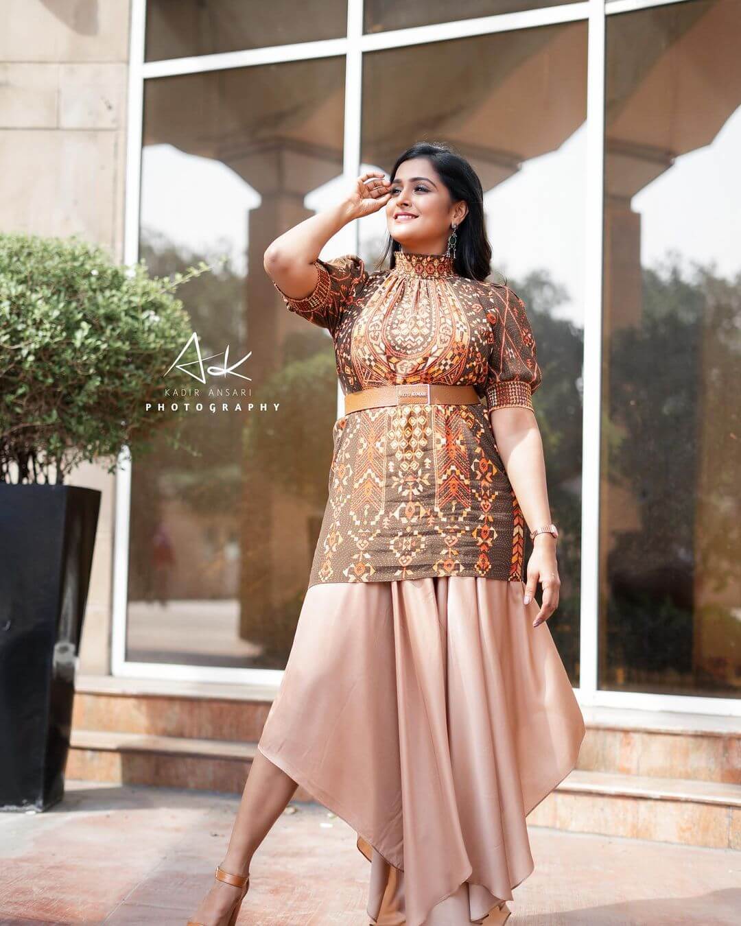 Remya Nambeesan In Brown & Beige High Neck Printed Dress