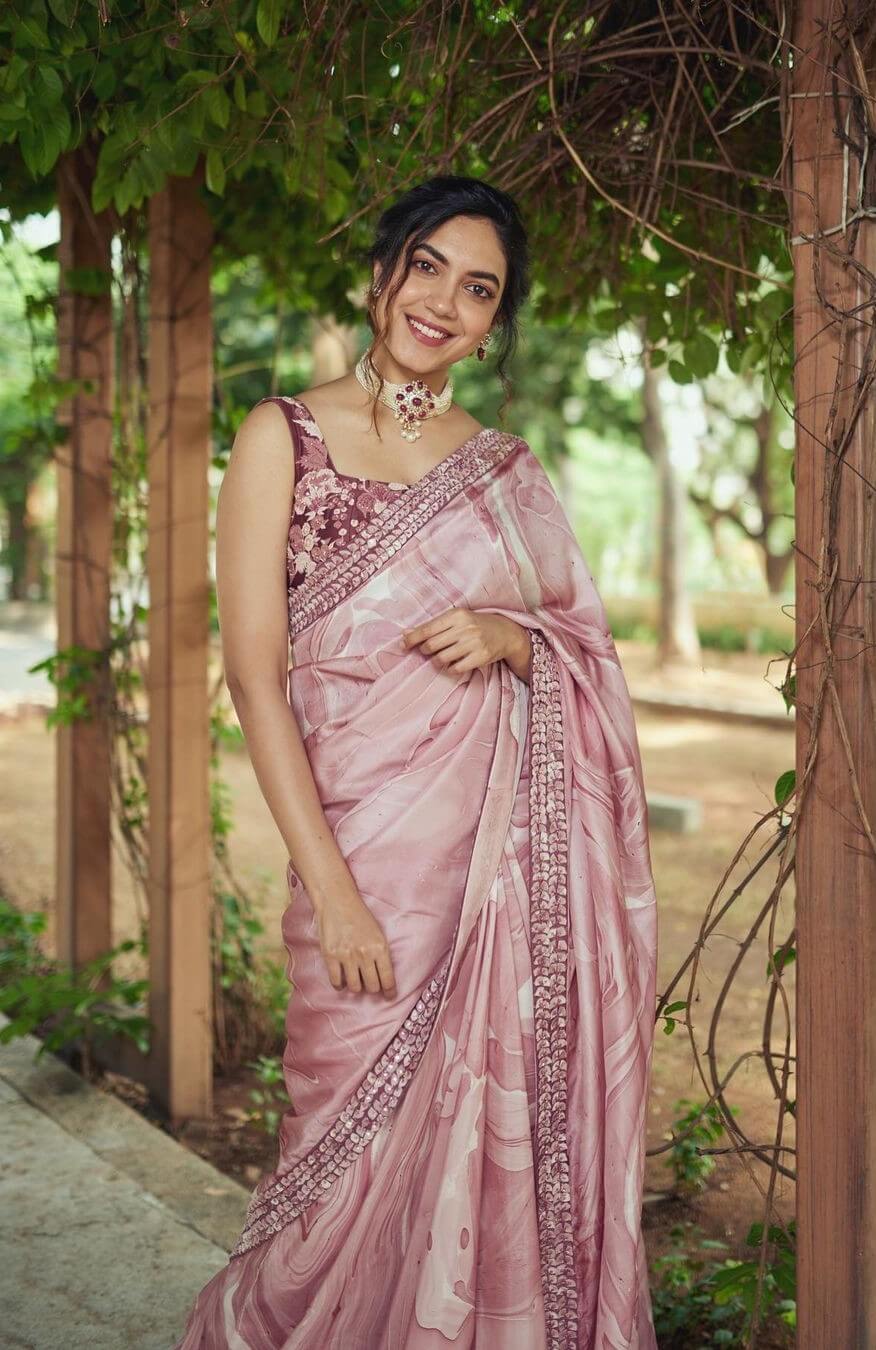 Ritu Varma In Printed Dusky Pink Saree With Printed Sleeveless Blouse Paired Pearl Choker Set