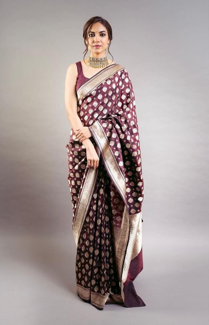 Ritu Varma In Wine Zari Woven Banarasi Silk Saree With Sleeveless Blouse Paired With Beautiful Choker Neckpiece Gives Us Major Festive Vibes