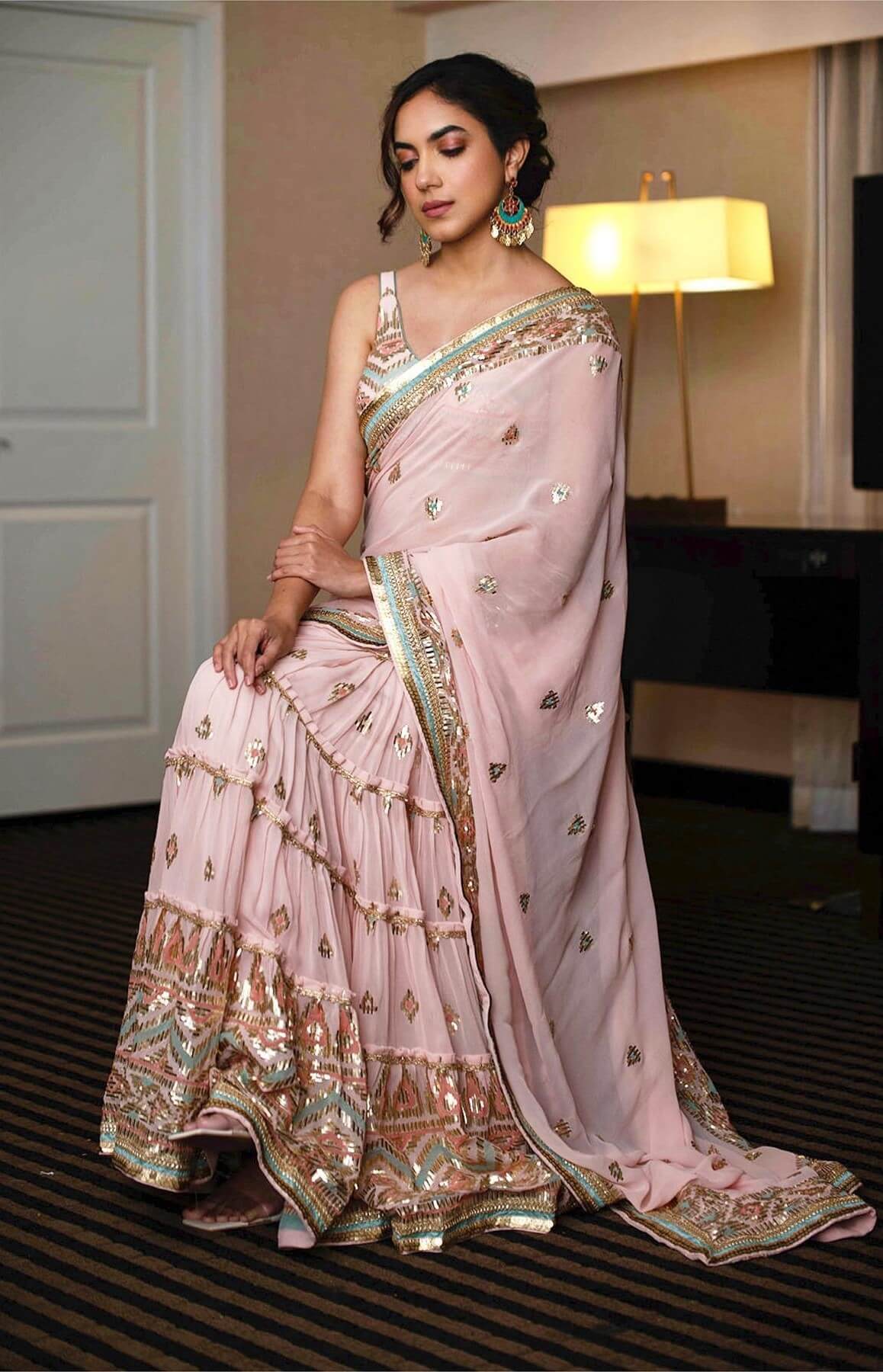 Ritu Varma Look Mesmerizingly Beautiful In Pastel Pink & Blue Golden Embroidered Saree With Sleeveless Blouse