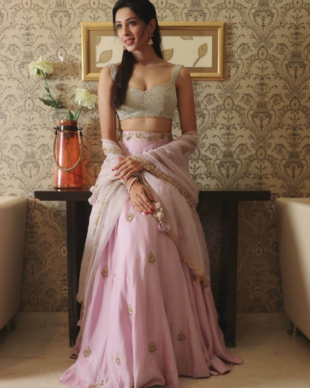 Riya Suman In Shilpa Reddy Studio Outfit Wearing Light Pink Embellished Lehenga