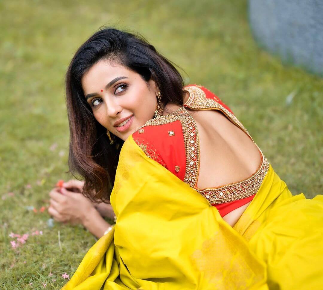 Riya Suman In Yellow Saree Showing Off Her Embellished Designer Red Blouse
