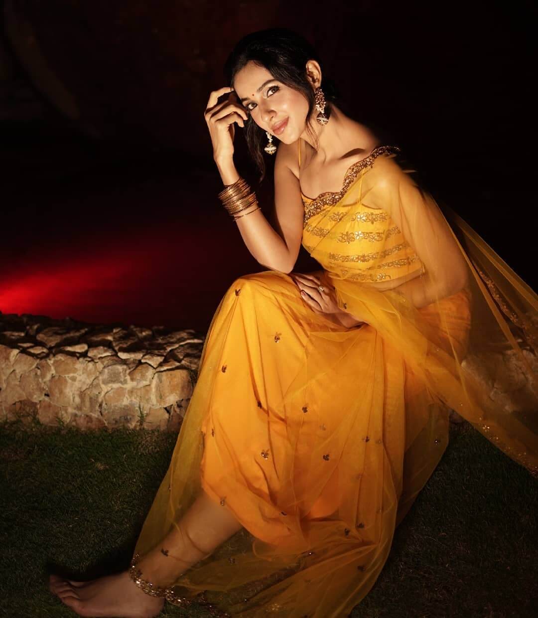 Riya Suman Red Carpet Look In Yellow Net Saree With Yellow Noddle Strap Blouse
