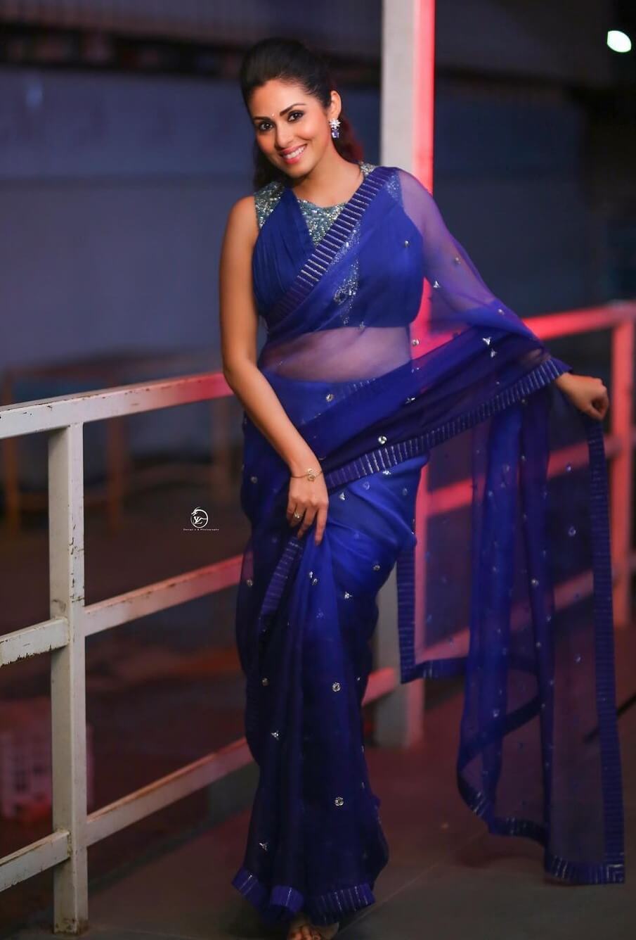Sadha In Blue Embellished Saree With Sleeveless Blouse