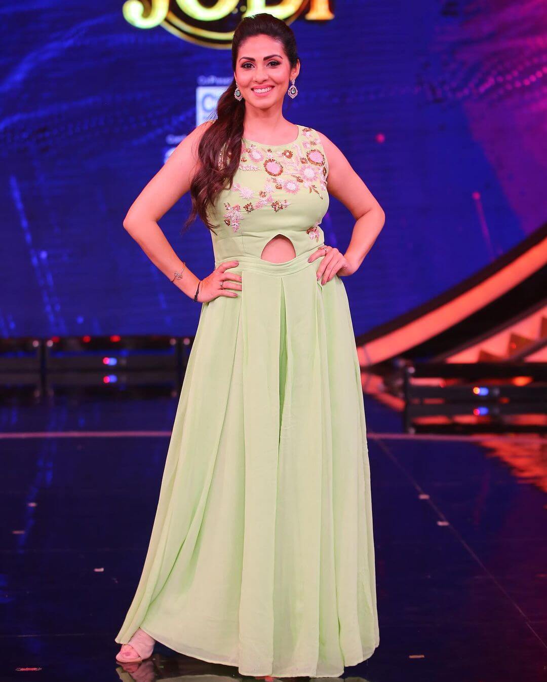 Sadha In Light Green Cut Out Embroidered Jumpsuit With Sleek Ponytail