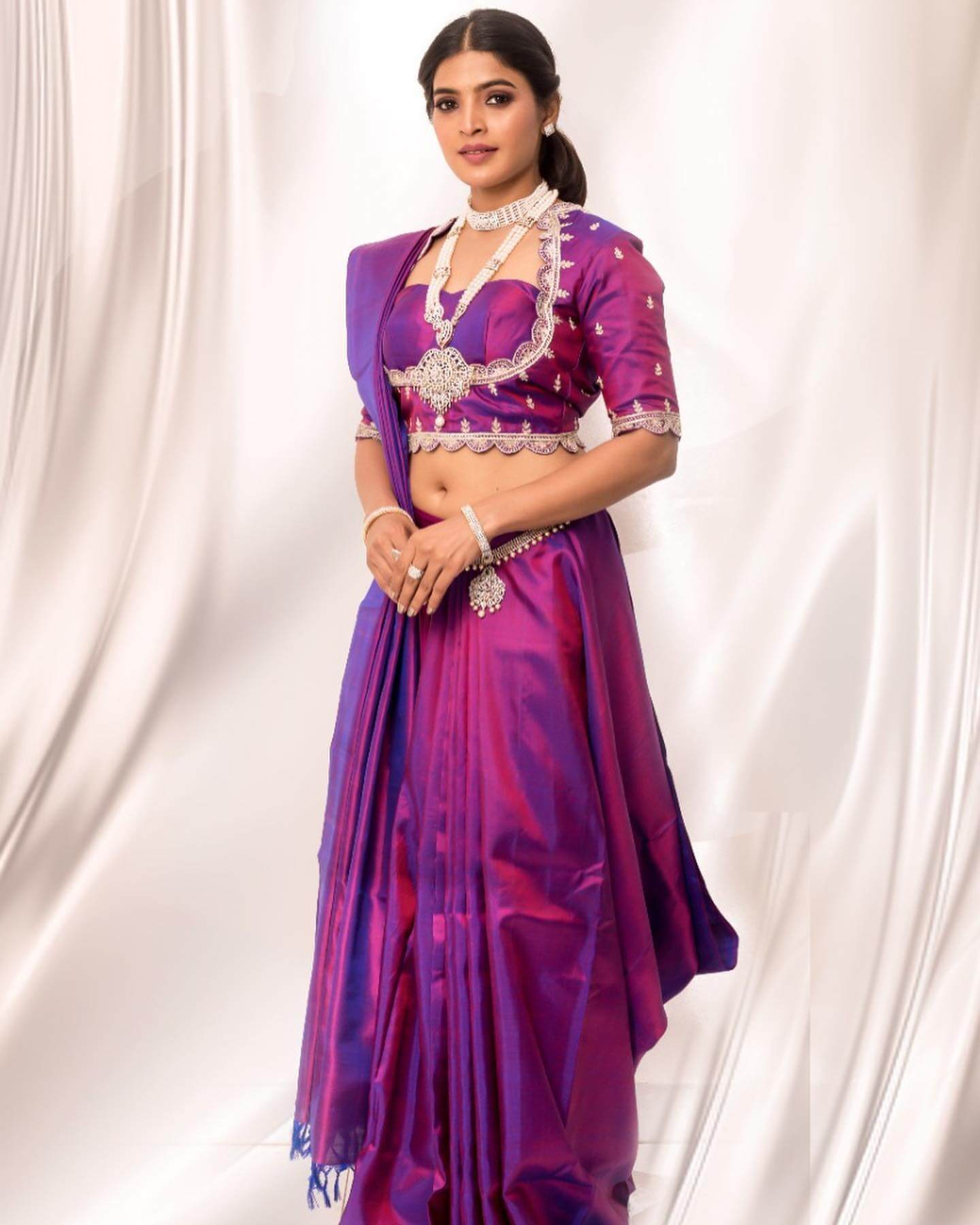 Sanchita Shetty In Purple Silk Saree Paired With Pearl & Diamond Jewellery