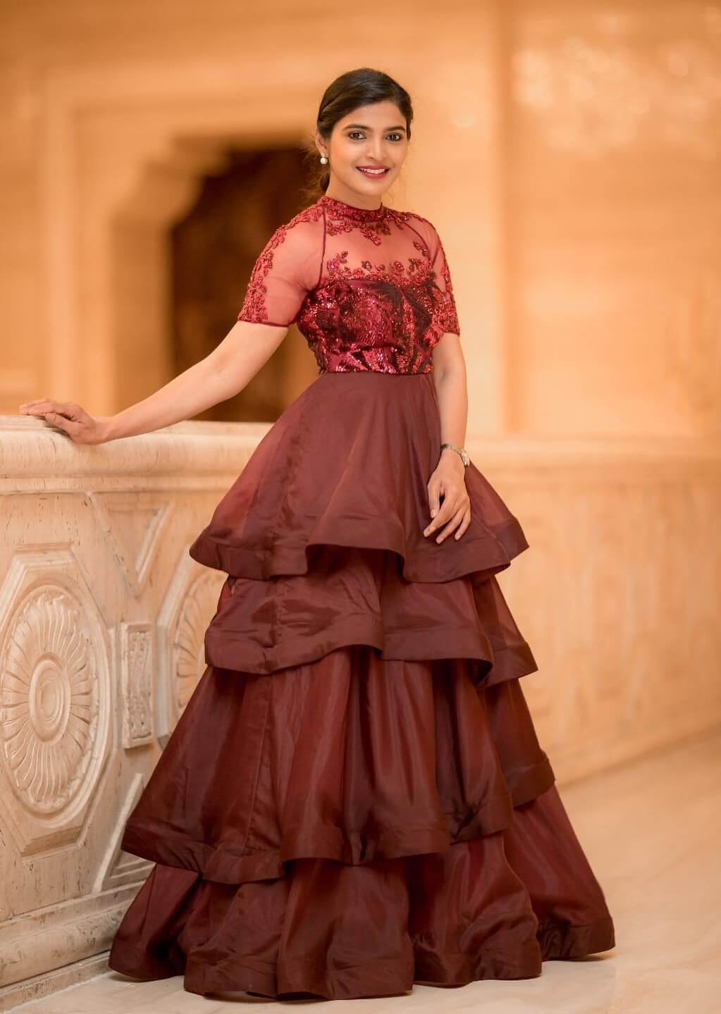 Sanchita Shetty In Wine Lace & Silk Multilayer Ruffled Evening Gown