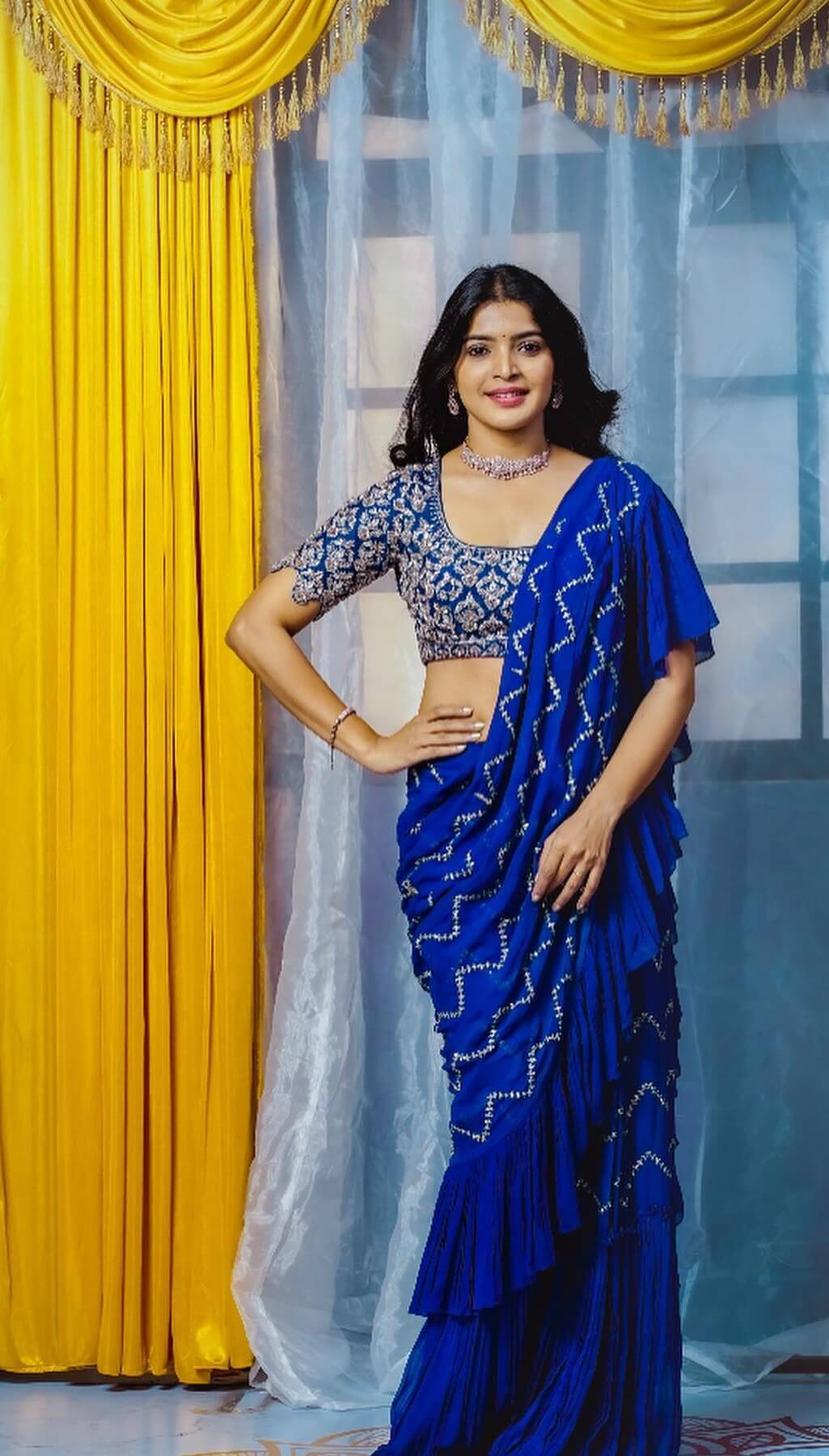 Sanchita Shetty Ravishing Look In Blue Ruffle Saree With Heavy Embroidered Work Blouse