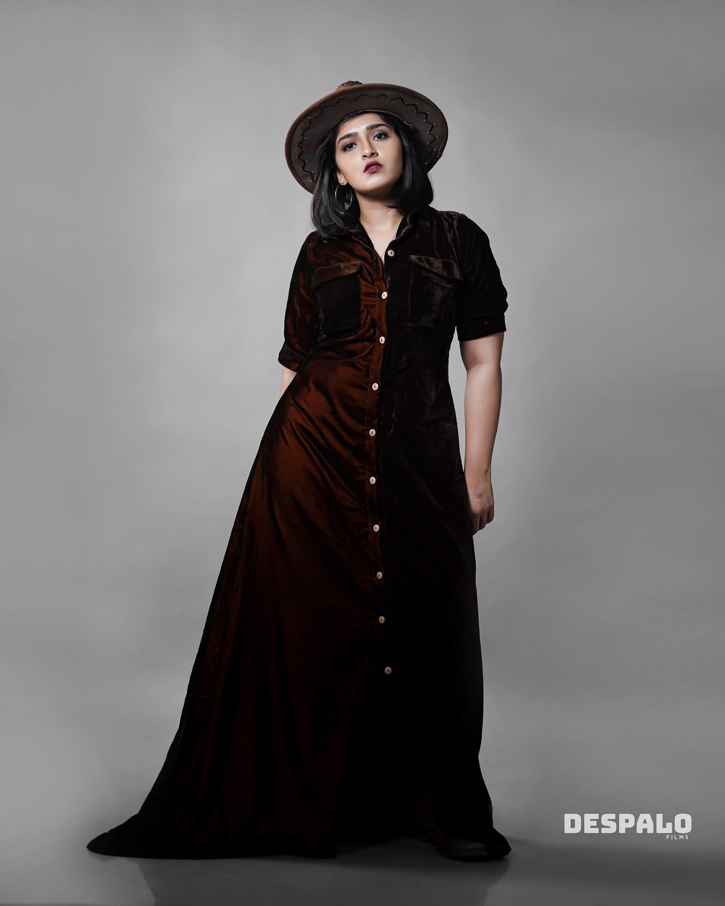 Sanusha Santhosh Chic Look In Brown Velvet Front Button Long Dress With Hat