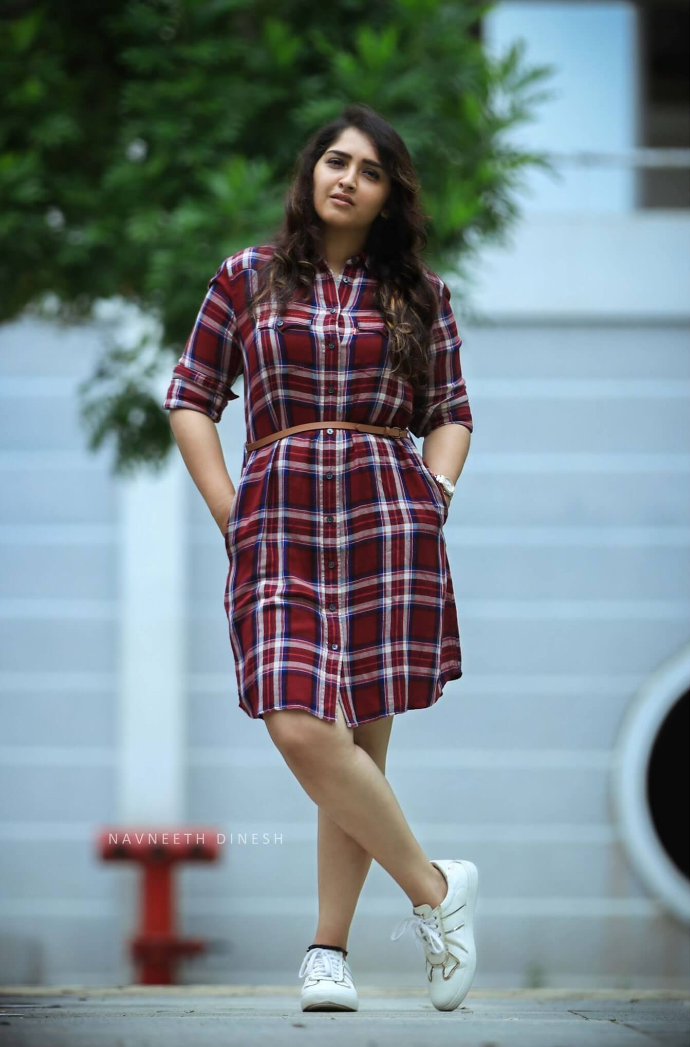 Sanusha Santhosh In Red Check Collar Dress With Belt