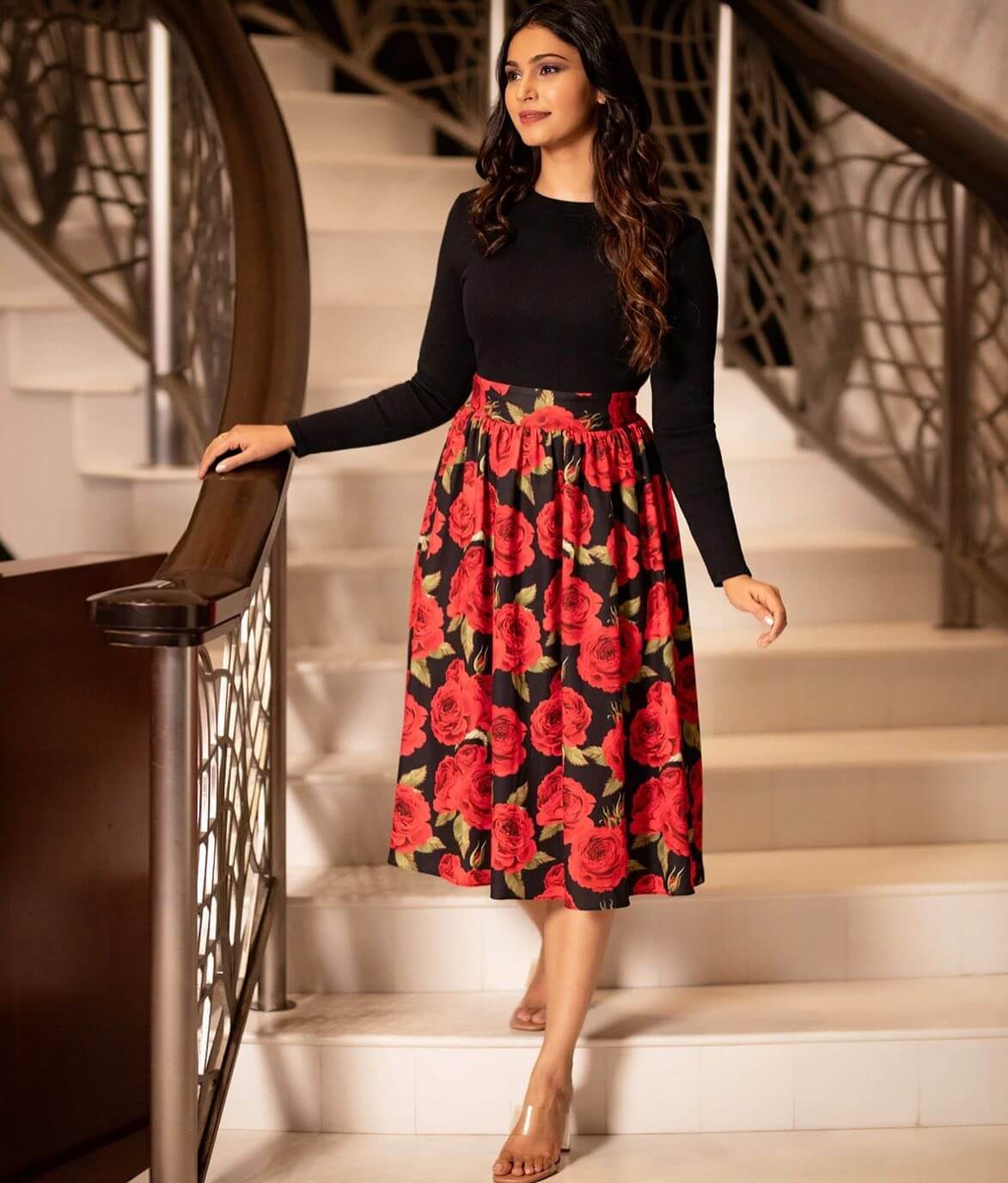Shamata Anchan Flattering Look In Black Full Sleeves Solid Top With Black & Red Floral Print Skirt