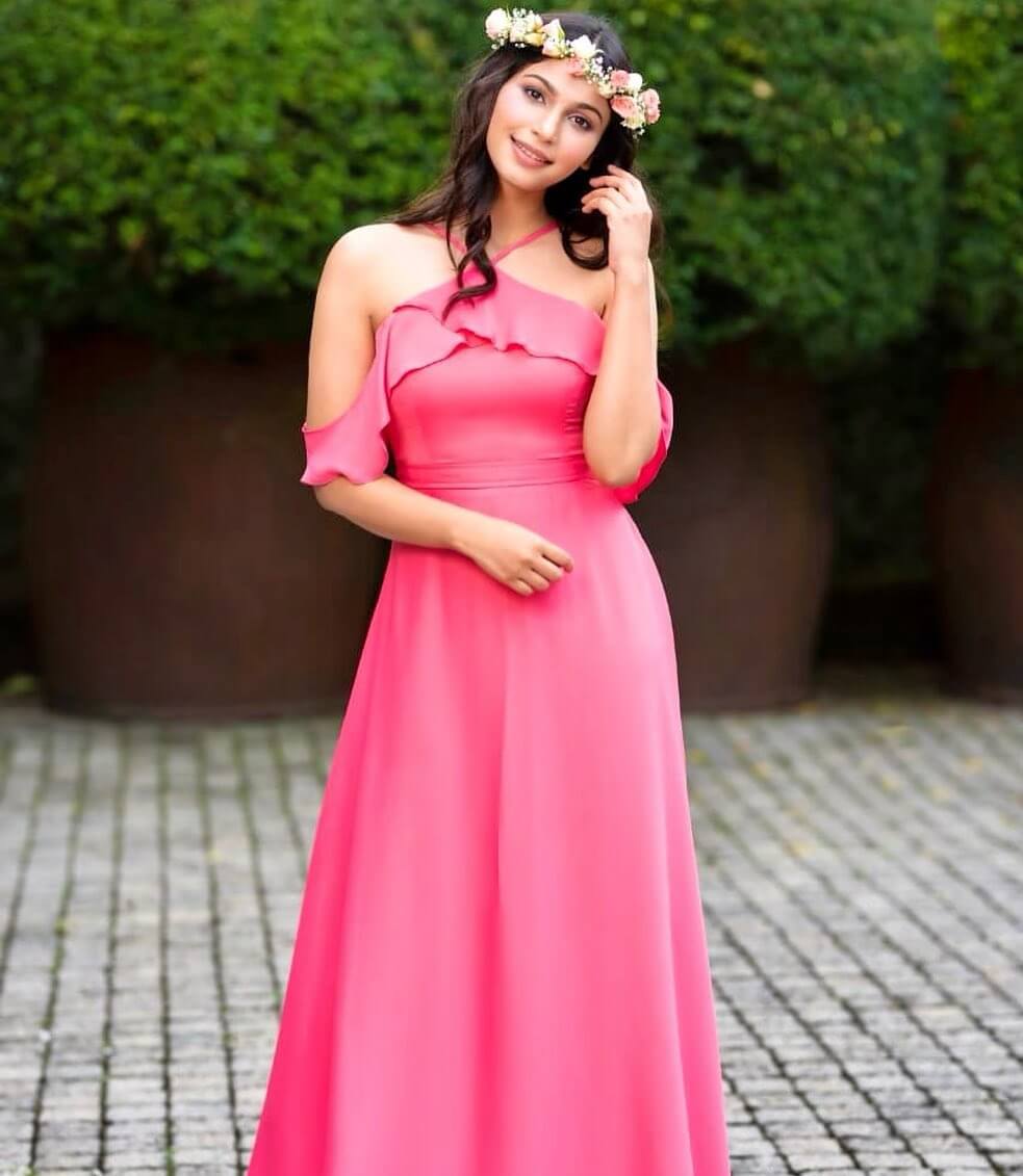 Shamata Anchan Look Beautiful In Pink Off Shoulder Halter Neck Ruffle Detail Flared Dress With Floral Tiara